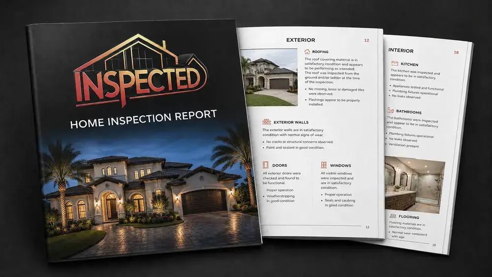 Inspected home inspection report cover and interior pages